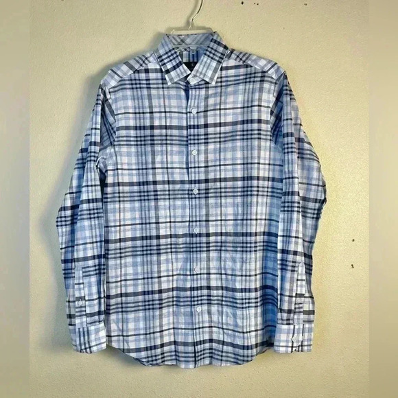 Hart Schaffner Marx Shirt Mens Size Small Plaid Long Sleeve Cotton Linen Blue - Picture 1 of 9